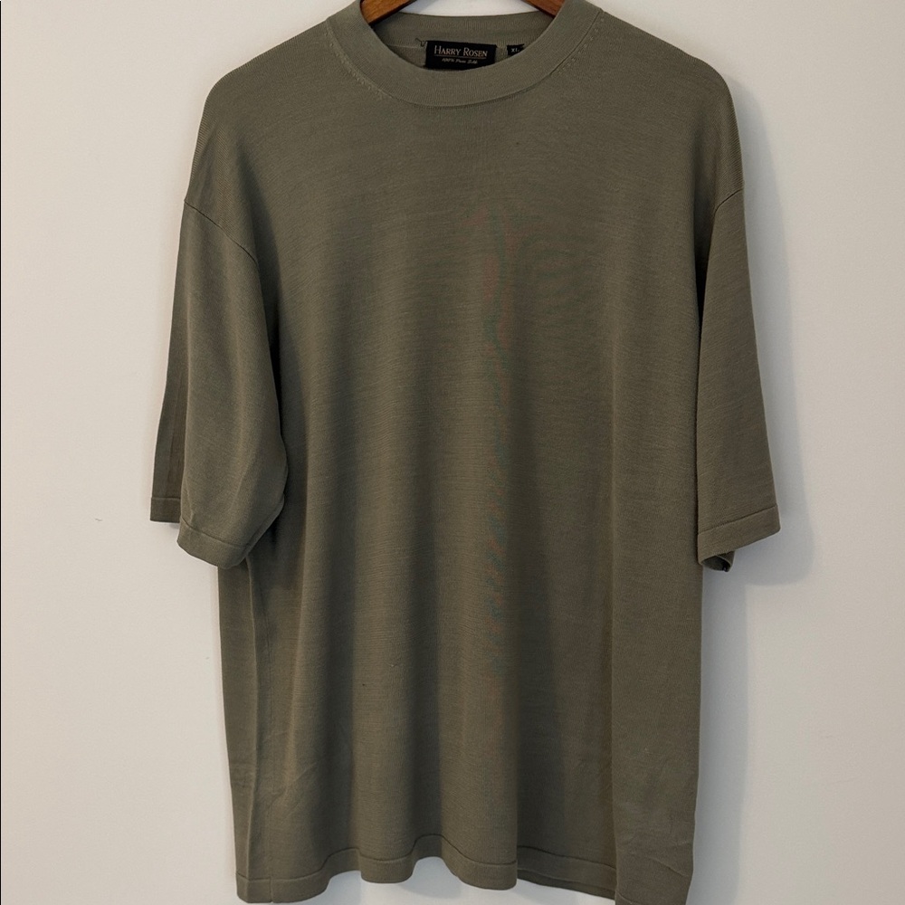 Harry Rosen 100%pure silk short sleeve crew neck shirt olive green size XL